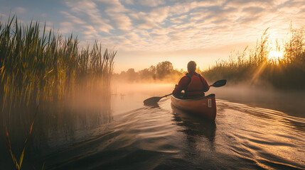 A canoeist paddling through a marshland at sunrise with mist rising from the water and reeds swaying in the breeze.