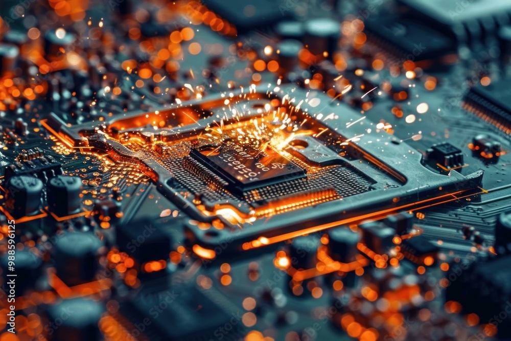 Poster electronic circuit board showing cpu processor generating sparks