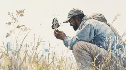 Fototapeta premium Dreamy Watercolor Scene of a Biologist with Butterfly