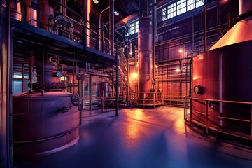Fototapeta premium Vibrant Industrial Interior with Glowing Pipes and Machinery