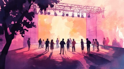 Naklejka premium Watercolor Scene of a Concert Stage and Audience