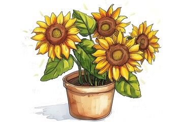 Obraz premium a sunflower illustration with leaf and a pot