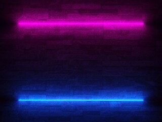 Glowing neon design frame on dark brick wall background