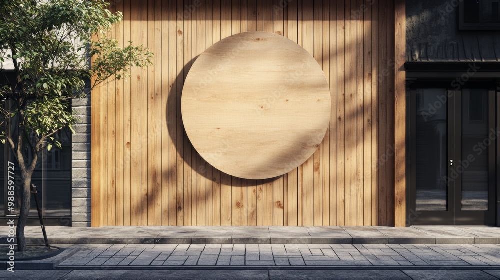 Wall mural Circular Mockup Signboard on Wooden Wall in Street Setting