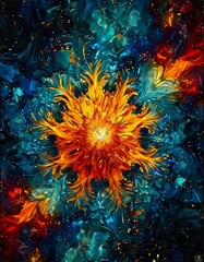 A stunning abstract floral design in bright, fiery hues of orange and blue set against a deep background. This vibrant digital artwork radiates energy, making it a focal point for modern decor.. AI