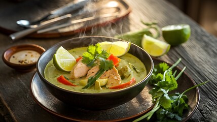 A steaming bowl of green curry with chicken, lime, and cilantro, on a wooden table.