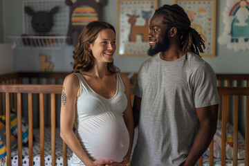 Diverse couple in a cozy nursery, excitedly awaiting their new baby, radiating love and support in a warm, modern room filled with natural light and neutral colors