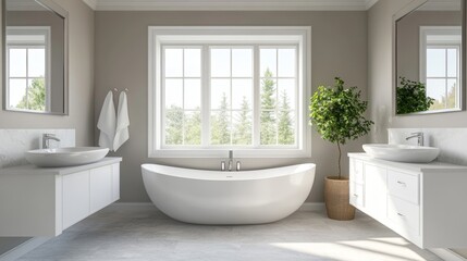 Hotel Bathroom Interior with Double Sink, Bathtub, and Window - Mockup Wall Design