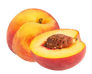 Peach isolated on white or transparent background. Two peach fruits whole and cut half with seed. Fresh, juicy and tasty summer fruits.