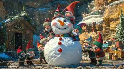 Obraz premium A group of snowmen are gathered around a large snowman