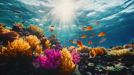 A colorful coral reef just off a sandy shore teeming with vibrant fish and sea life.