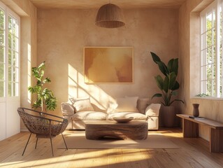 Japandi Style Modern Living Room. Scandinavian Design with Wood, Plaster - 3D Render