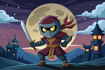 A determined ninja character holds a sword in a dramatic twilight setting, a cartoon character of a Man in ninja suit holding sword in front of full moon.