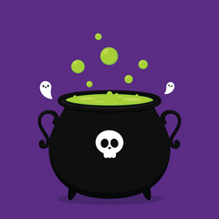 Witch cauldron, Halloween magic pot with green potion. Vector steel boiler with boiling magic brew or steaming goo. Cartoon kettle with poison.