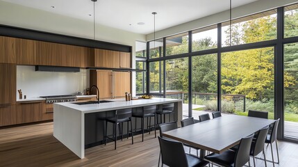 Fototapeta premium A modern kitchen with a large island and lots of natural light.