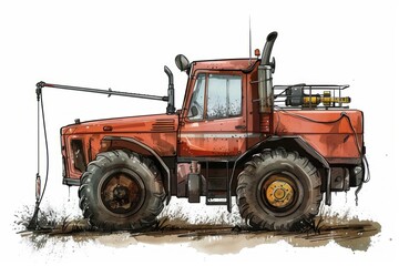 Fototapeta premium Illustration of a red powerful tractor spraying chemicals on the field