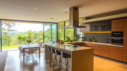 Fototapeta premium A modern kitchen and dining area with large windows overlooking a view of trees and a lake.