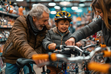Grandfather chooses a bicycle for his grandson's birthday in a sports store