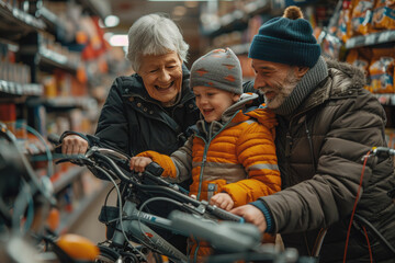 Grandparents choose a bicycle for their grandson's birthday in a sports store