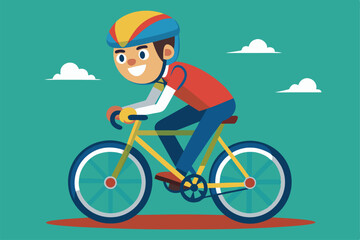 Fototapeta premium The character joyfully pedals on a bicycle with a colorful helmet in a bright setting, a cartoon character of a man on bike