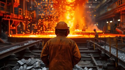 Production process at a steel plant. Work in the foundry. The process of work at a metallurgical plant. Metallurgists. Blast furnace. Melting metal. Domna. Conveyor.	
