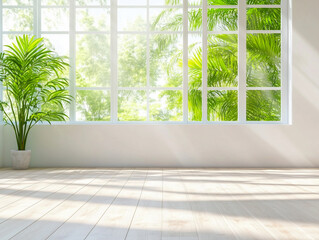 Living room interior with windows and walls of green plants