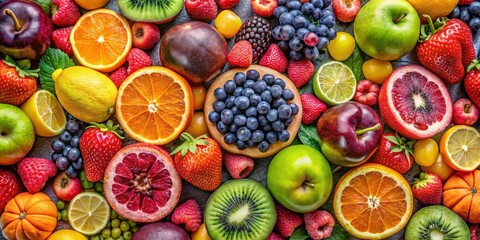 A medley of fruits is artfully presented, combining diverse shapes, hues, and textures to create a visually stunning
