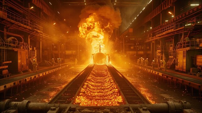 Production process at a steel plant. Work in the foundry. The process of work at a metallurgical plant. Metallurgists. Blast furnace. Melting metal. Domna. Conveyor.	
