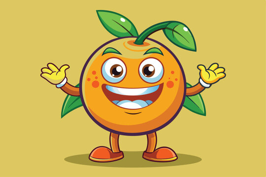 An animated orange character smiles broadly, displaying happiness and excitement while raising its hands, a cartoon character of a orange