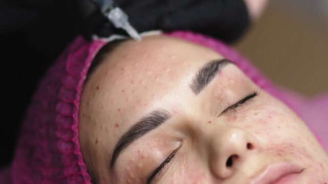 In a contemporary beauty salon, a woman is undergoing mesotherapy. She enjoys the treatment designed to maintain youthfulness and skin firmness, benefiting from professional cosmetic services.