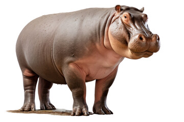 Fototapeta premium A side profile of a hippo, showcasing its large body and unique posture. The white background