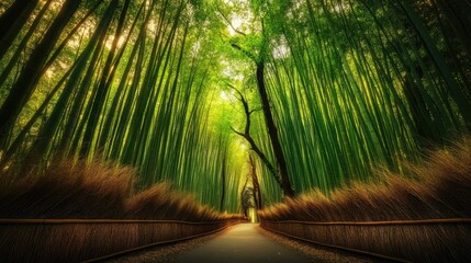 The vibrant green bamboo canopy of Arashiyama creates a shaded tunnel, with a path leading through the tranquil forest, inviting exploration.