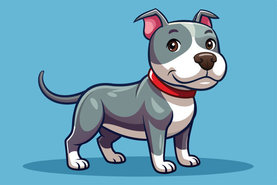 A cheerful cartoon pitbull dog with a red collar happily poses against a blue backdrop, a cartoon character of a Pitbull dog