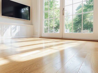 Fototapeta premium Living room with furniture and television by window 