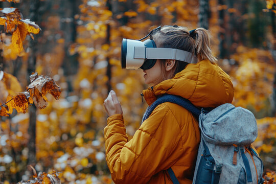 Hiker wearing a virtual reality headset is exploring the wilderness, immersing herself in a digital world while surrounded by nature