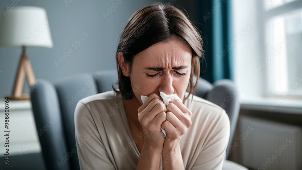 Wall mural woman sneezing indoors. cinematic medium shot. health and wellness concept. cold and flu season. sui