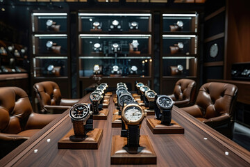 A selection of luxury wristwatches displayed for VIP clients in a VIP room (office) on a wooden table in a brightly lit jewelry watch store.