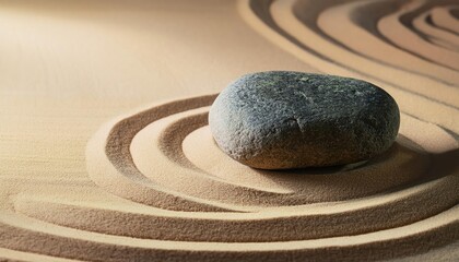Zen garden. Stone on raked sand. Mini rock garden. Zen concept top view . Zen garden meditation with stone and wave on sand, banner background.