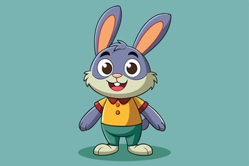 Obraz premium A cute rabbit character smiles while wearing a colorful shirt and shorts, appealing to children and families, a cartoon character of a Rabbit,