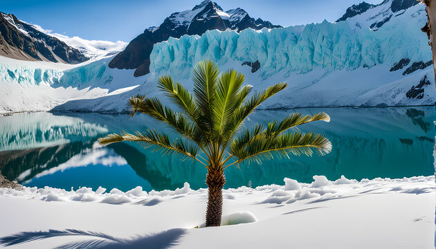 Pflanzenwachstum auf einem geschmolzenen Gletscher. Palme w&auml;schst im Permafrost, Klimaerw&auml;rmung in den Bergen. Neuer Lebensraum f&uuml;r Biodiversit&auml;t.