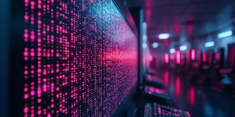 Neon Code Interface, digital code on a black screen, background softly blurring into vibrant neon-lit office equipment