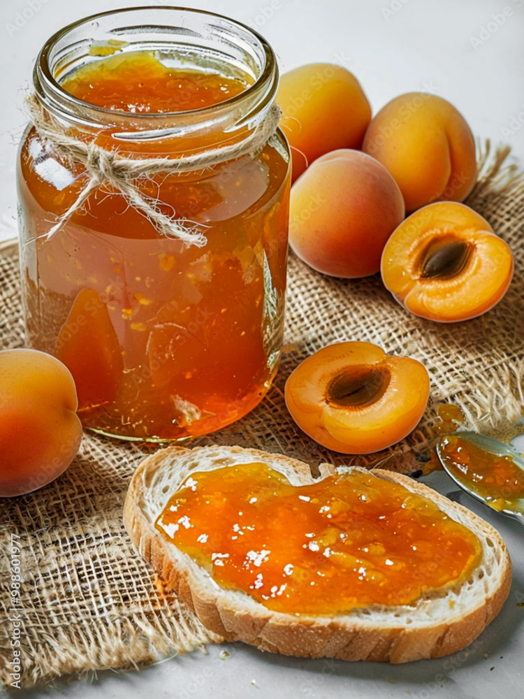 Poster a glass jar filled with apricot jam, placed on a piece of burlap, next to it is a slice of bread wit