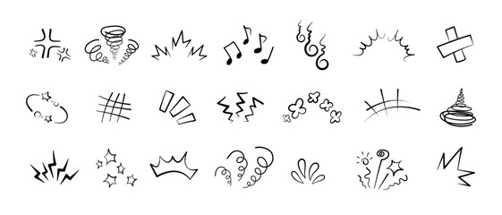 Naklejka premium Manga or anime comic emoticon element graphic effects hand drawn doodle vector illustration set isolated on white background. Doodle style manga doodle line expression scribble anime mark collection.