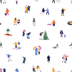 Repeatable pattern of winter holidays activities outdoors. Happy people have fun in wintertime on endless background. Families, friends play snowballs, skate, ski. Flat seamless vector illustration