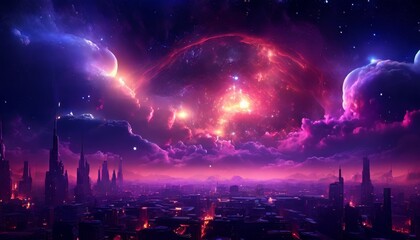 A stunning view of a futuristic city beneath a colorful, glowing cosmic sky. The scene features towering spires and planets glowing in the distance, creating a surreal atmosphere that blends
