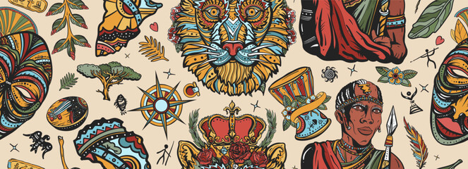 Africa seamless pattern. African man, maasai warrior, lion, kalimba, map, drum. Tradition and culture background