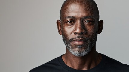 Facial Recognition Technology: Middle-aged Black Man with Deep Ebony Skin Tone in Biometric Face Detection Concept on Plain Background with Soft Lighting