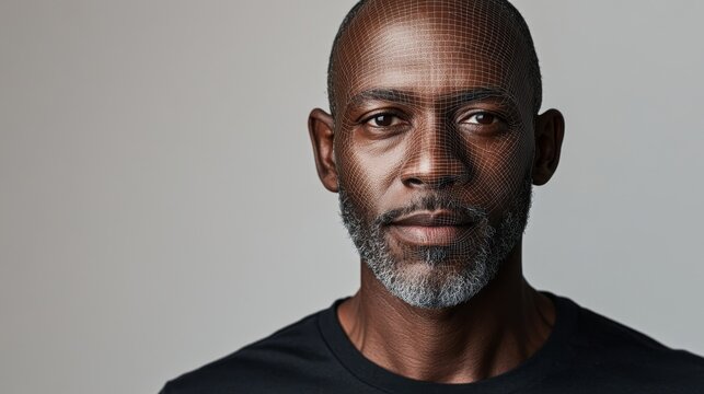 Facial Recognition Technology: Middle-aged Black Man with Deep Ebony Skin Tone in Biometric Face Detection Concept on Plain Background with Soft Lighting