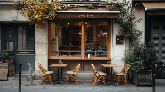 A quaint cafe in Paris with a brown awning and wicker chairs.