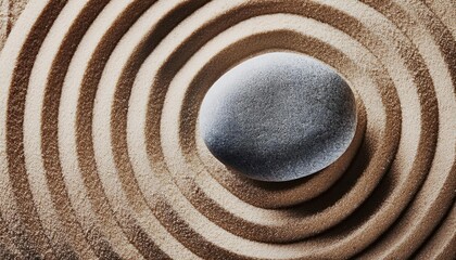 Naklejka premium Zen garden. Stone on raked sand. Mini rock garden. Zen concept top view . Zen garden meditation with stone and wave on sand, banner background.